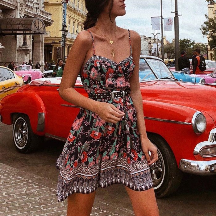 Dreamlip Bohamia Style Printed Slim Belted Mini Beach Vacation Dress