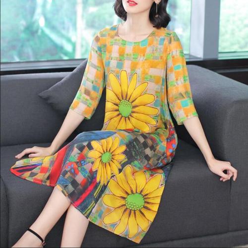 2019 Summer Women Dress Vintage Silk Floral Print Casual Beach Party Dress Elegant Half sleeve Loose Plus size Vestidos clothes