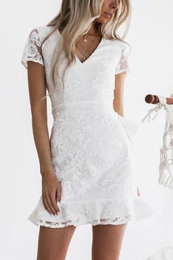 White Solid Color  V Neck Bodycon Dress