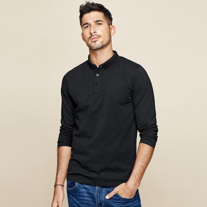 Cheap Mens Autumn Cotton Black Plain Button Polo Shirt
