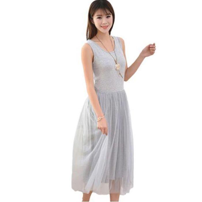Sleeveless Mesh patchwork basic spaghetti strap Dress For Women 2020 Spring Tulle Elastic Lace Vest Summer Dress Female