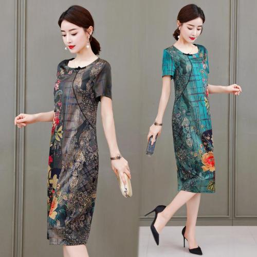 Silk dress female 2020 summer new fashion slim printed short-sleeved dress large size L-4XL high quality elegant vestidos