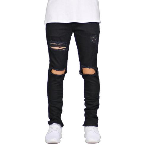 Casual Hole Mid Waist Solid Jeans