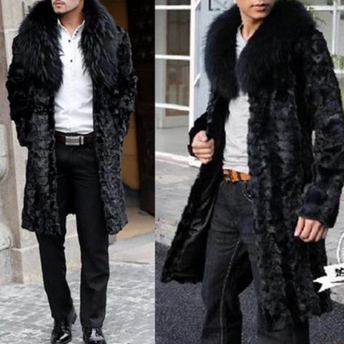 Men's Imitation Mink Fur Fox Fur Collar Long Faux Fur Coat