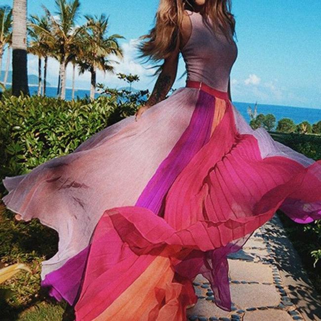 Sleeveless O-Neck Color Matching Pink Chiffon Dresses Long Plus Size Maxi Beach Maxi Dresses