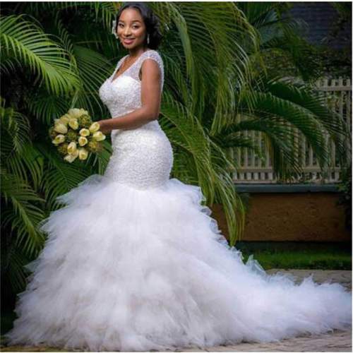 African Style Sequin Beading Mermaid Plus Size Wedding Dress for Black Girl Ruffles Tulle Bridal Gown