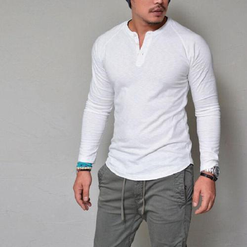Round Neck Solid Color Button Long Sleeve T-Shirt