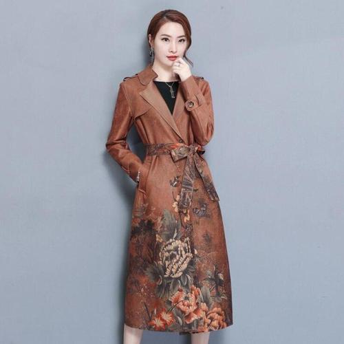 2020 new autumn floral print suede trench coat long sleeve belt mid-calf length fitted long trench coatSlim fit Large Size M-2XL