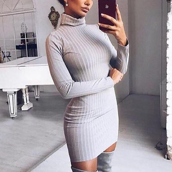 Sexy Solid Color Turtleneck Sweater Bodycon Dress
