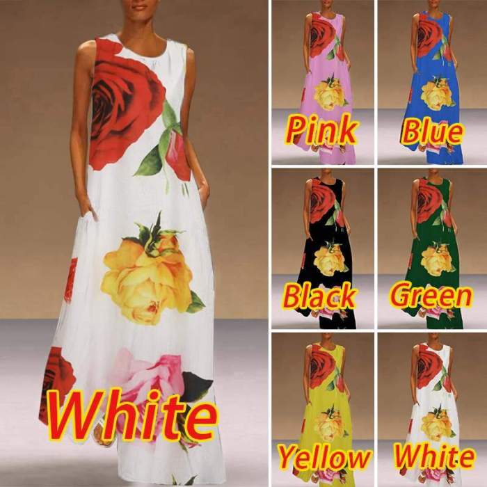 Dress 2020 Women Casual O Neck Sleeveless Dresses Plus Size Vintage Floral Printed Maxi Dresses