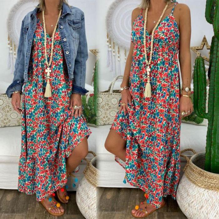 Plus Size Womens Boho Floral Maxi Dress Party Strappy Summer Beach Holiday Spaghetti Strap Sundress  S-5XL