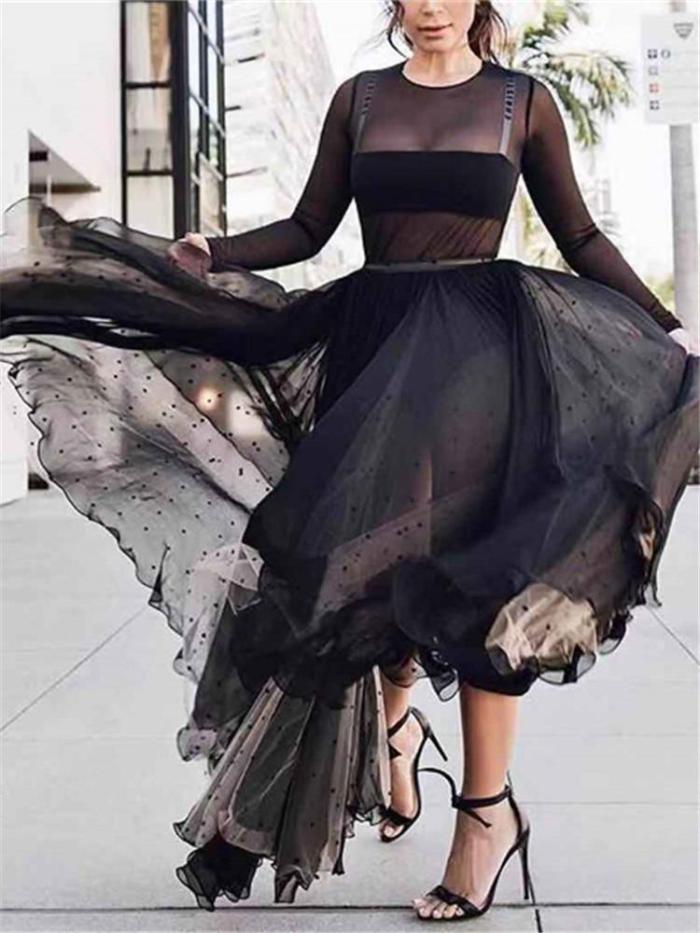 Modern Fashion Polka Dot Gauze See Through Maxi Dress