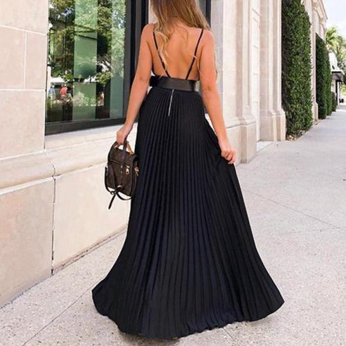 Fashion Solid Color Deep V Pleated Dress