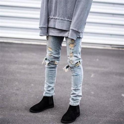 Youth Casual Cool Loose Solid Color Hole Denim Pants