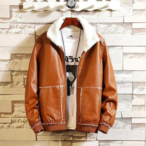 Men Casual Thermal Stand Collarfaux Leather Coat