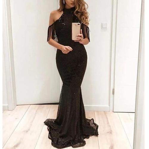 Elegant Off Shoulder Stitching Fringe Slim Black Evening Dress
