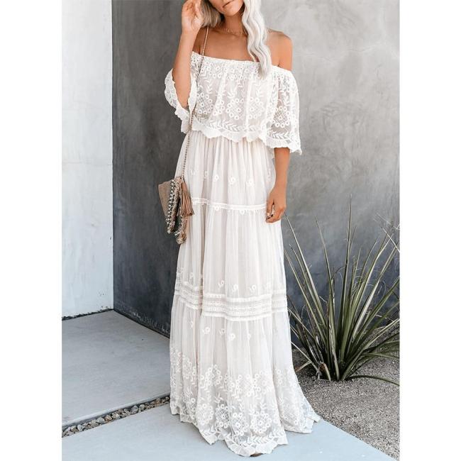 Slash Neck Off Shoulder Lace Dresses Plus Size Vintage Sexy Long White Summer Maxi Dresses