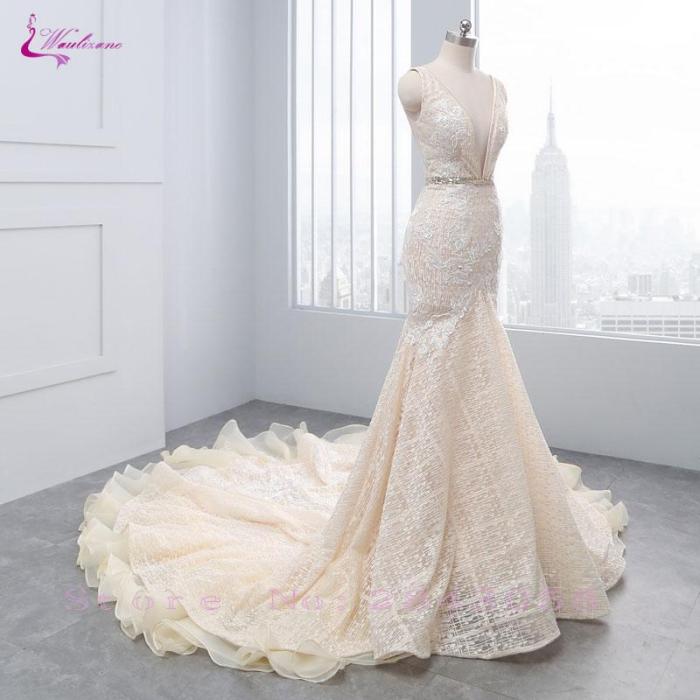 Waulizane New Arrival Sexy Deep V-Neck Mermaid Wedding Dresses Beading Crystals Sashes Backless Tiered Ruffles Unique Lace Gowns