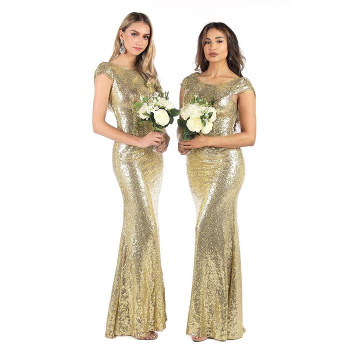 golden Prom Dress Long elegant ceremony party dresses Round collar sequins evening dresses sexy mermaid evening gowns