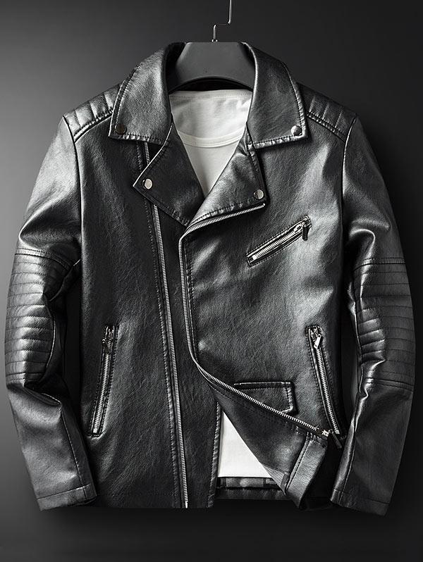 Men's Lapel Side Button Zipper Faux Leather Biker Jacket