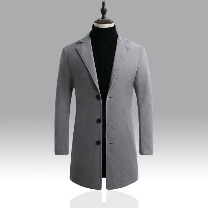 Autumn Winter Mens Brand Fleece blends Jacket Male Overcoat Casual Solid Slim collar coats Long cotton trench coat Streetwear