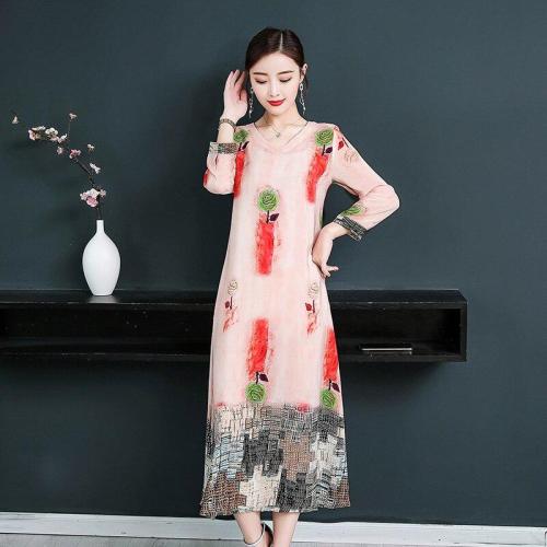 Silk dress female 2019 spring summer new retro V-neck loose printed vestidos large size M-3XL high quality elegant Dresses