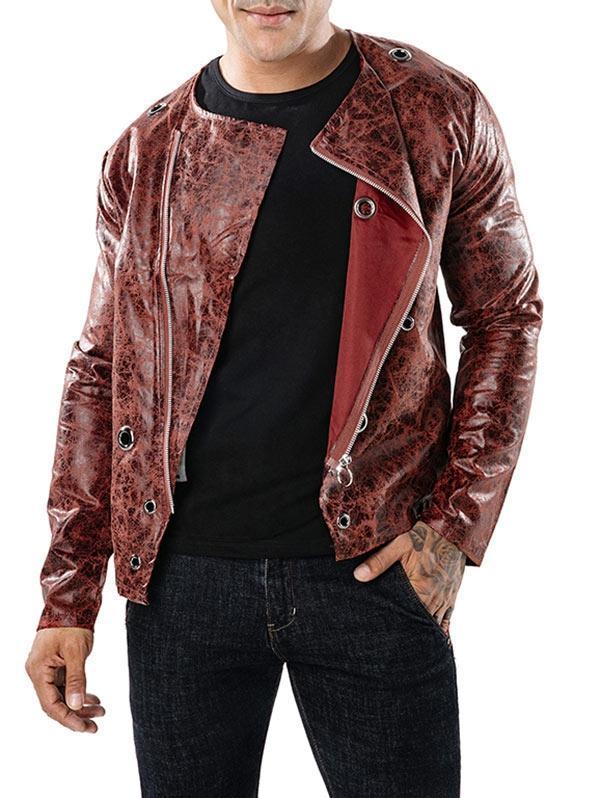 Men's Lustrous Circle Decor Side Zipper Up PU Leather Thin Moto Jacket
