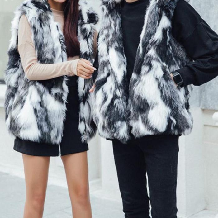 Men And Women Couple Models Fur Fox Fur Grass Hooded Vest