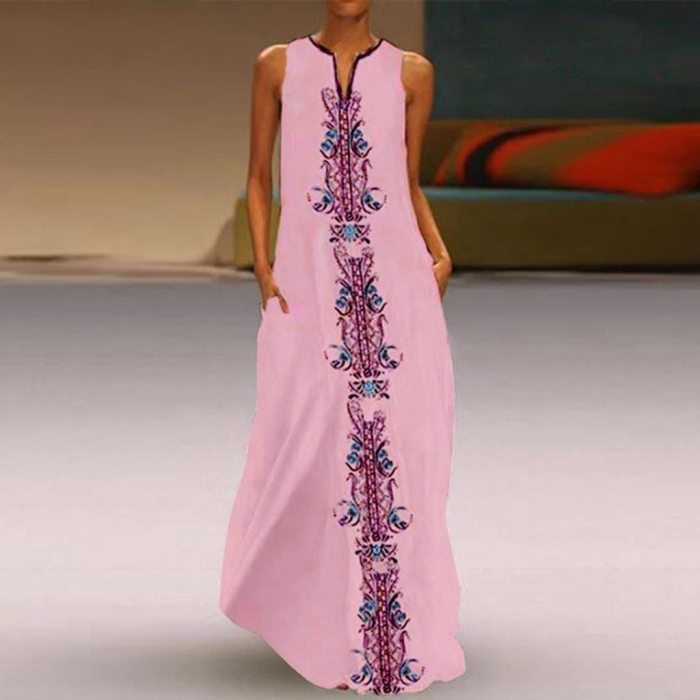 Maxi Long Dress 2020 V Neck Sleeveless Casual Printed Pockets Long Dress Plus Size 5XL Maxi Dresses