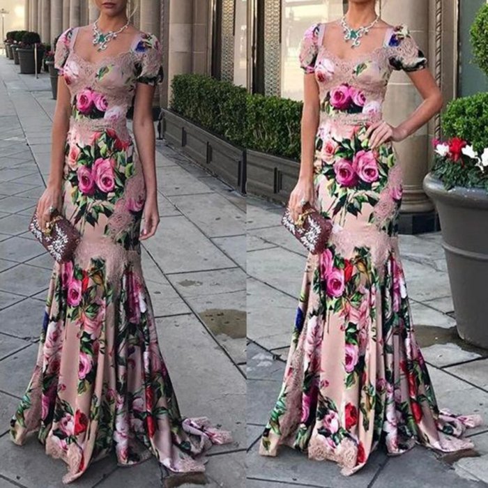 Fashion Sexy floral printed Fishtail Evening Dress Maxi Dress