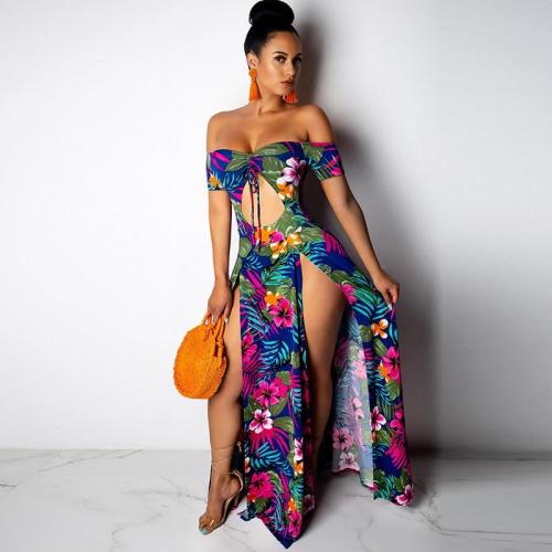Sexy Women Boho Long Dress Off Shoulder Floral Leaves Printed High Split Cutout 2020 Summer Beach Holiday Maxi Dress vestidos