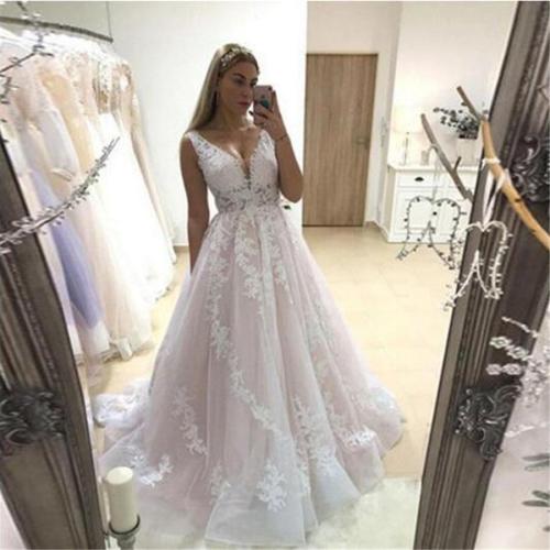 Pink Wedding Dress 2020 V Neck Bridal Gowns Backless Sleeveless Full Appliques Lace Bride Dresses Country vestidos de noiva