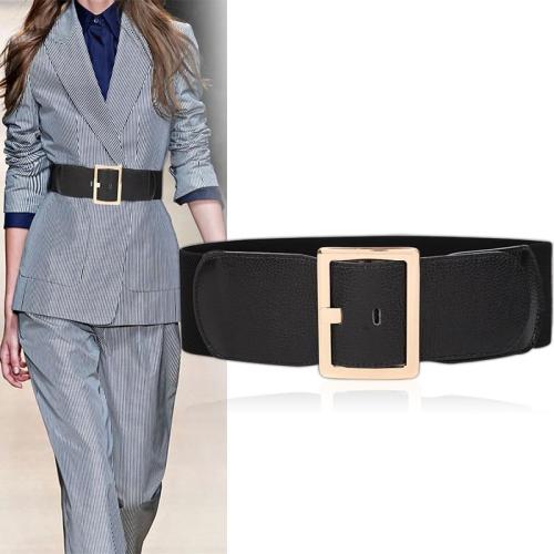 Real Cow Leather Wide belt Women trench cummerbunds coat black for dress cowskin gold pin buckle waistbands elastic waistband