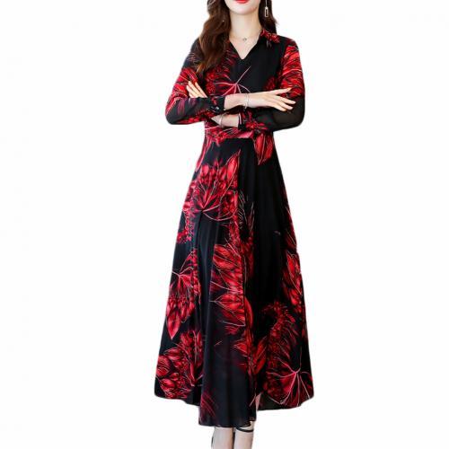 Women Floral Print V-Neck Large Swing Tight Waist Long Sleeve A-line Maxi Dress