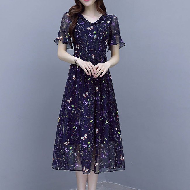 Vintage Dress For Women Mesh Short Sleeve Party Dress V Neck Butterfly Floral Printing Dresses Short Sleeve Spring Dresses 2021