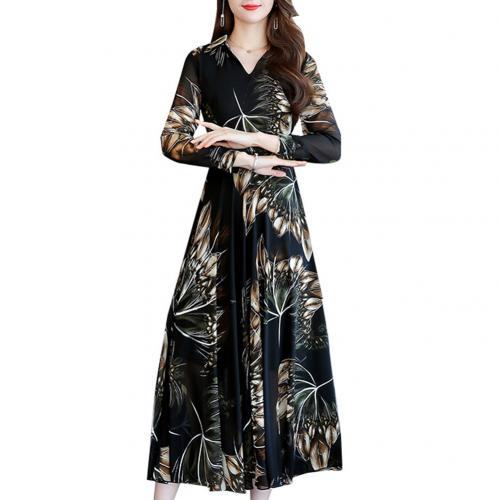 Women Floral Print V-Neck Large Swing Tight Waist Long Sleeve A-line Maxi Dress