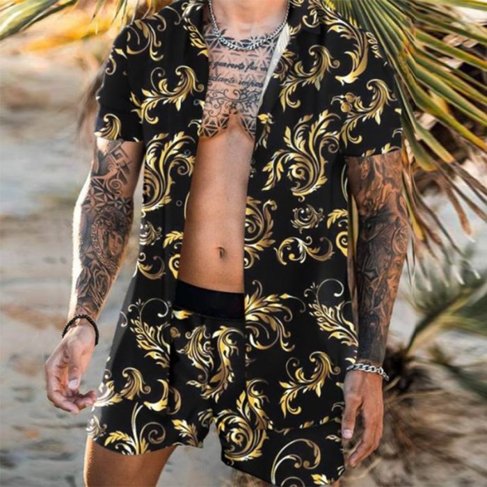 Men's Hawaiian Shirts +Beach Shorts 2 Pieces Set Casual Streetwear 2021 Summer Printing  Loose Short Sleeve Holiday Suits Male