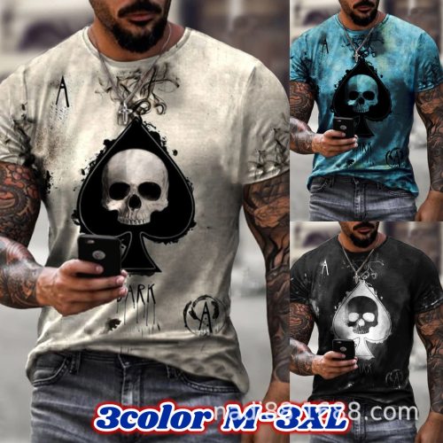 2021 playing cards diamond square printing skull T-shirt men's summer casual short-sleeved pullover loose top