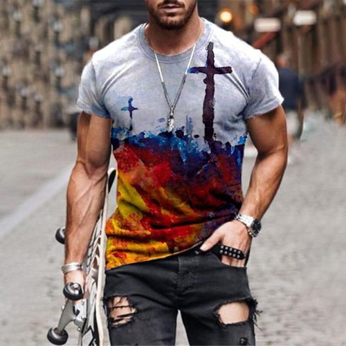 Men's Cross Short Sleeve Graphic T Shirts 2021 Summer Newest Fashion Anime Hip Hop Colorful Cross Printed Crew Neck Men Clothing