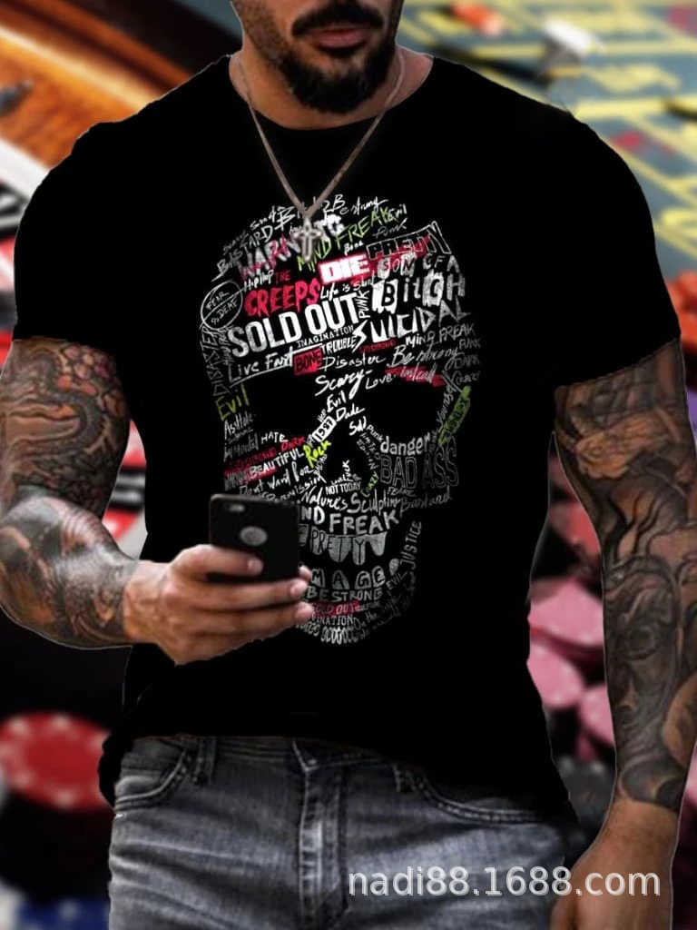 Summer New Black Men's T-shirt Fashion Gothic Skulls Print Vintage ...