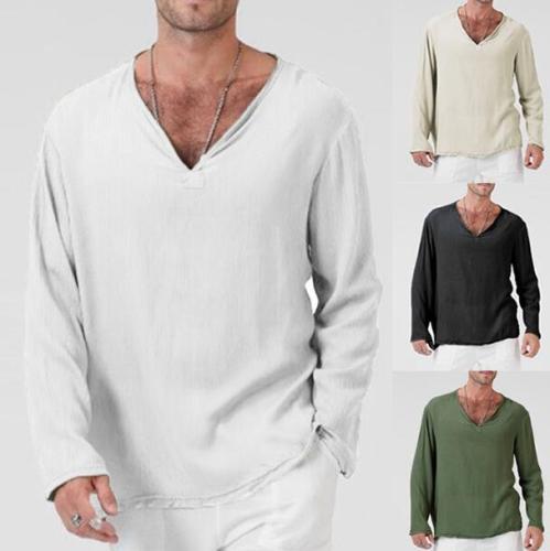 European and American new style linen ethnic loose men's V-neck solid color long-sleeved t-shirt