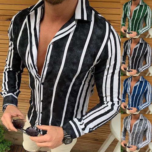 Hot Sale 2021 Spring Summer New European Size Men's Long-sleeved Shirt Striped Printed Shirt Camisas Para Hombre