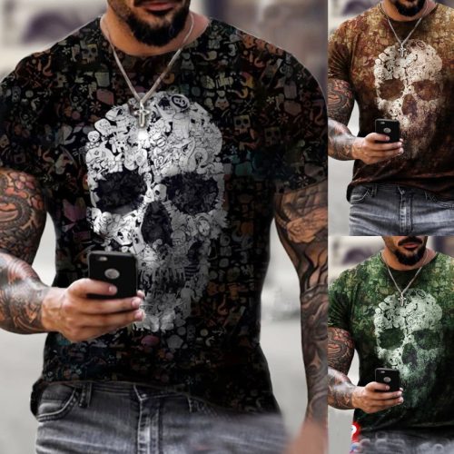 Summer New Black Men's T-shirt Fashion Gothic Skulls Print Vintage Casual Streetwear Short-sleeved T Shirt For Men Tops Clothes