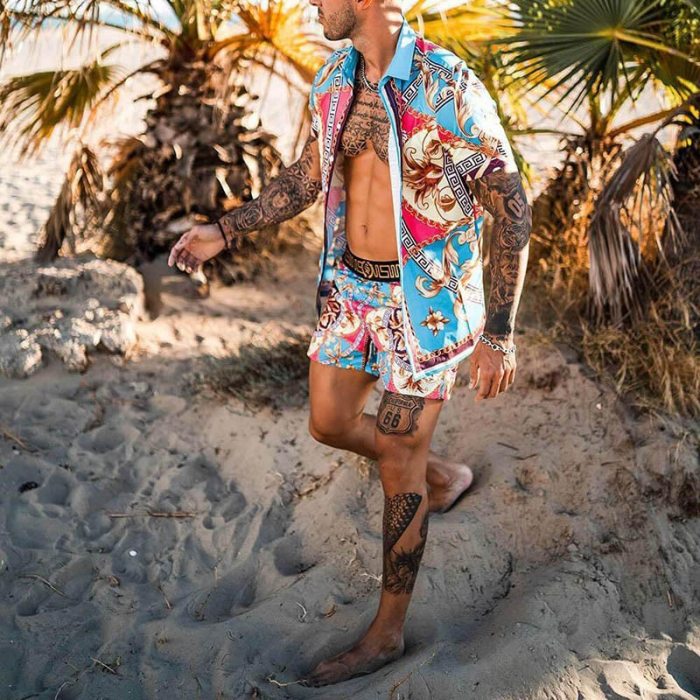 Men's Hawaiian Shirts +Beach Shorts 2 Pieces Set Casual Streetwear 2021 Summer Printing  Loose Short Sleeve Holiday Suits Male