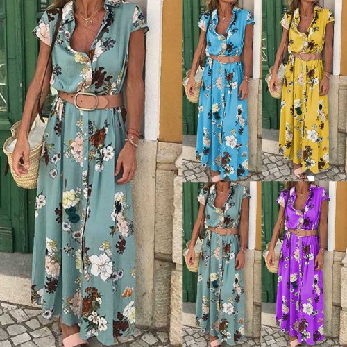 Women Boho Maxi Dress Beach Floral Turn Down Collar Long Sundress With Belt Summer Evening Party