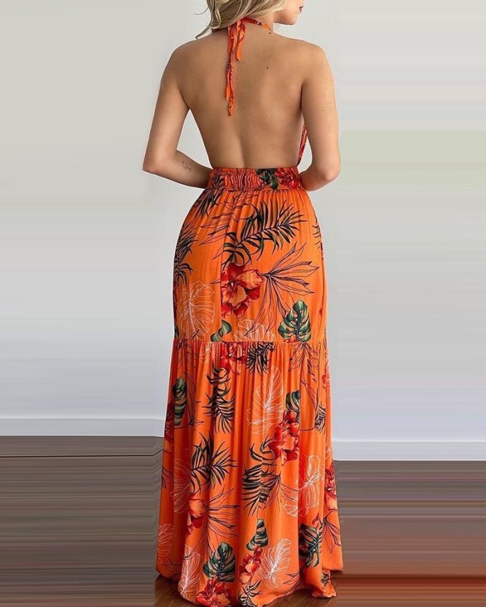 2021 Women Tropical Print Halter Backless Maxi Dress Summer Spring Vacation Sleeveless Sexy Boho Beach Dress Casual Floral