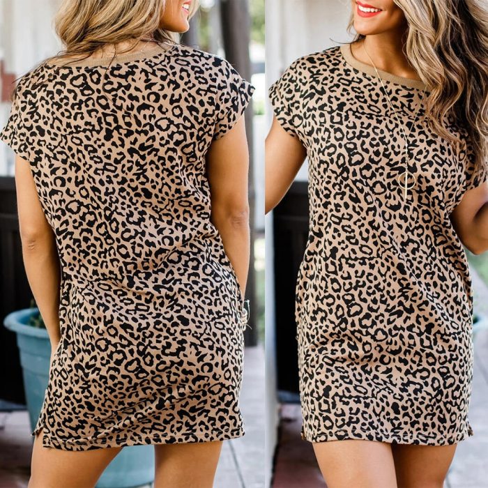 Summer Women Dress Short Sleeve O-Neck Leopard Print Casual Loose Short Mini Dress Pocket Female Ladies Pullover Streetwear