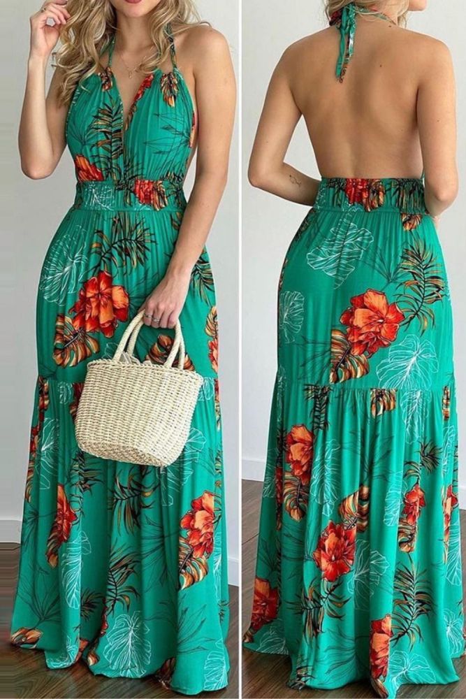2021 Women Tropical Print Halter Backless Maxi Dress Summer Spring Vacation Sleeveless Sexy Boho Beach Dress Casual Floral