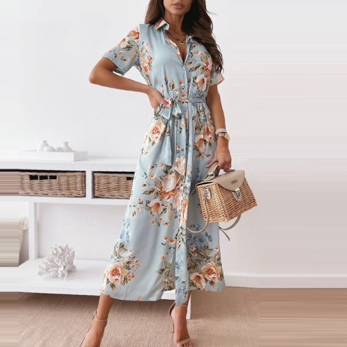 Flower Printed V Neck Short Sleeved Women Shirts Dress Summer Fashion Casual Buttons Lace-up Elegant Irregural Bohemia Vestidos