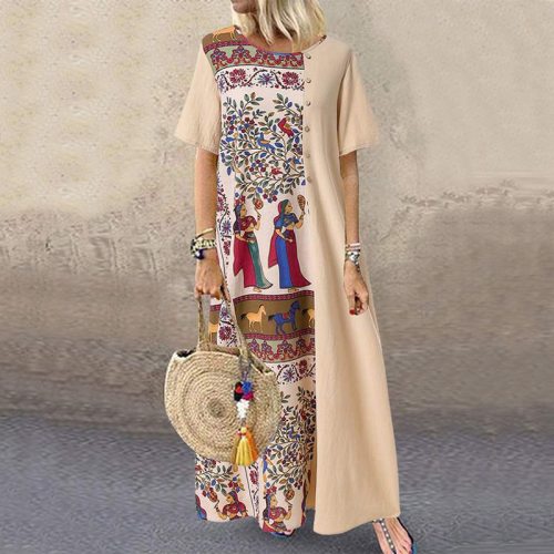 Women Bohemian Dress 2021 Vintage Patchwork Short Sleeve Vestidos Cotton Linen Sundress Beach Party Kaftan Robe Femme Plus Size